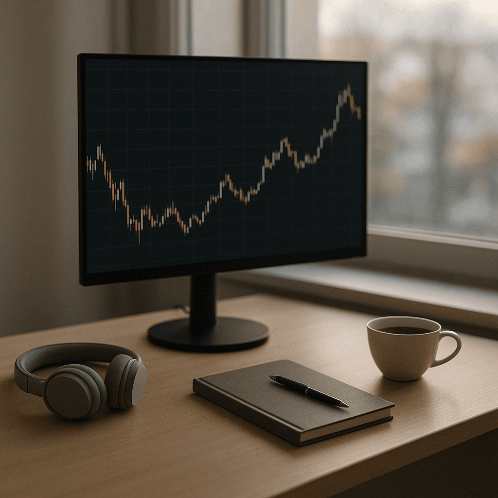 Minimalist trading desk with a single monitor, notebook, and headphones in morning light.