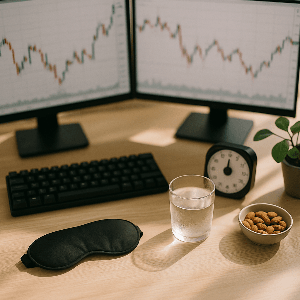 Overhead view of a trading desk with eye mask, water, almonds, and timer set up for a midday break.