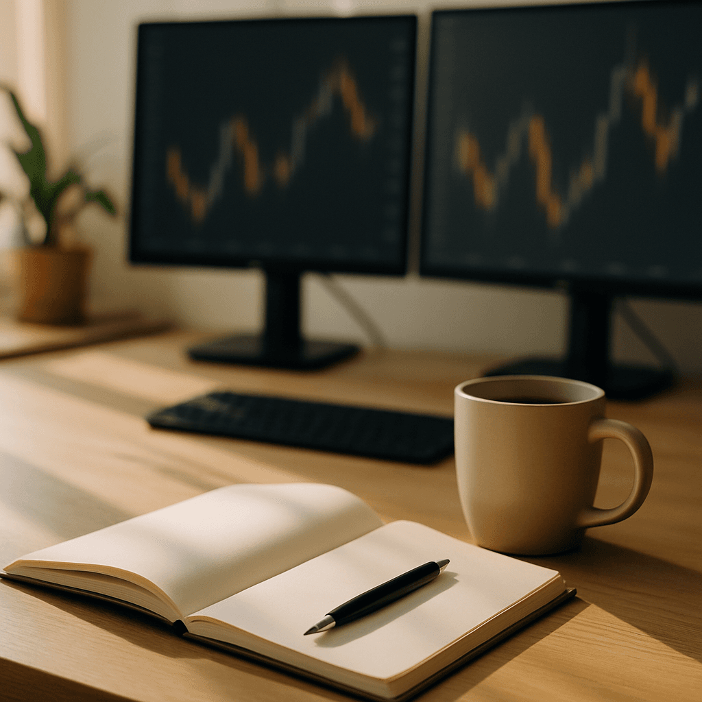 Sunlit desk with blank notebook, pen, and blurred chart screens for planning trades