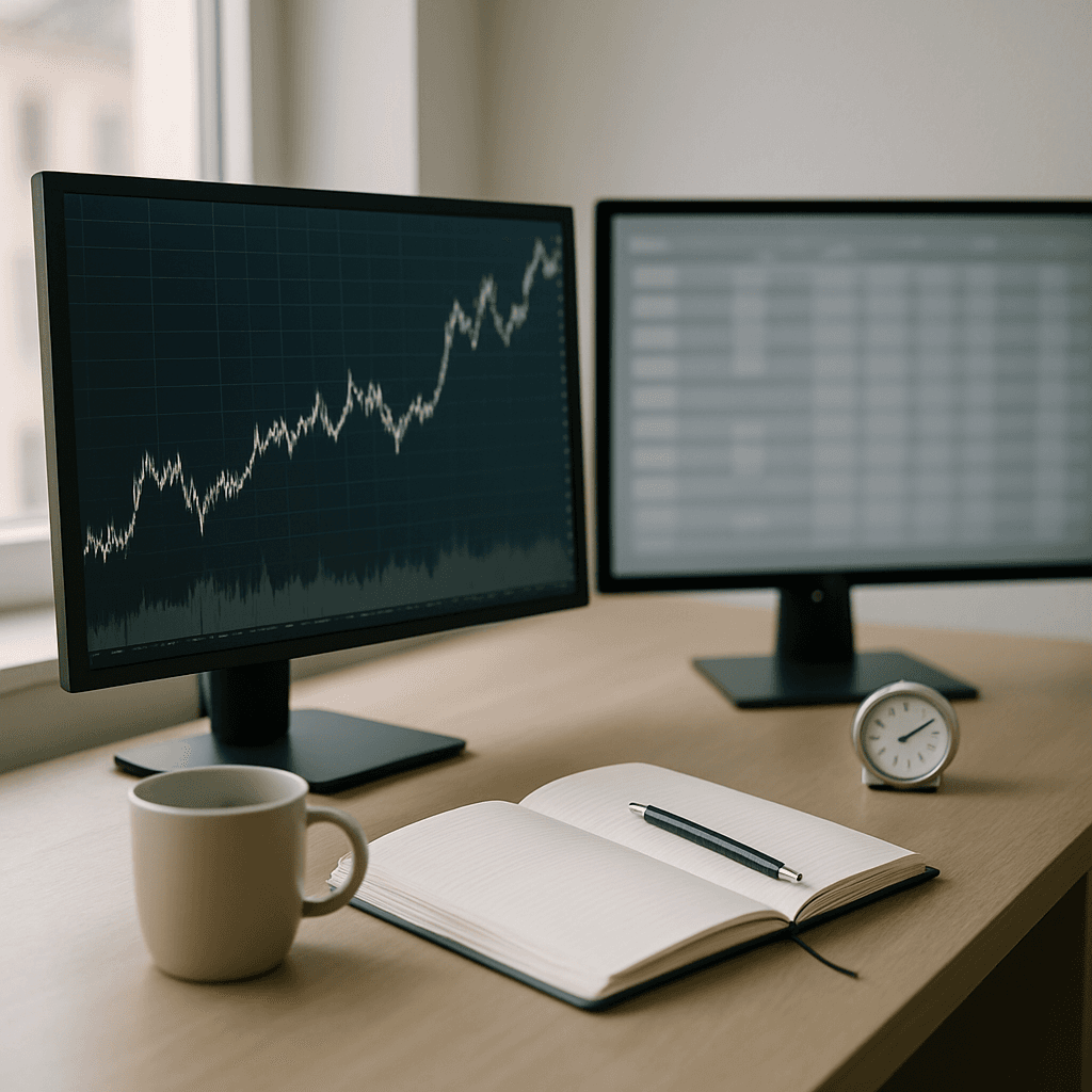 Quiet trading desk with charts and an economic calendar at sunrise, notebook and coffee nearby.