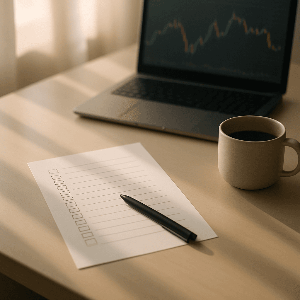 Desk with a printed checklist, pen, coffee, and a laptop with a blurred chart in morning light