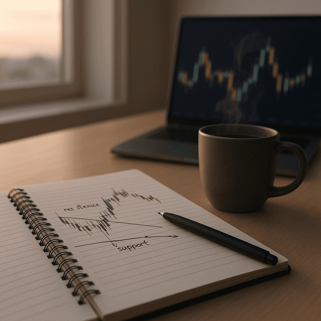 Notebook with printed charts and a pen on a trading desk in morning light.
