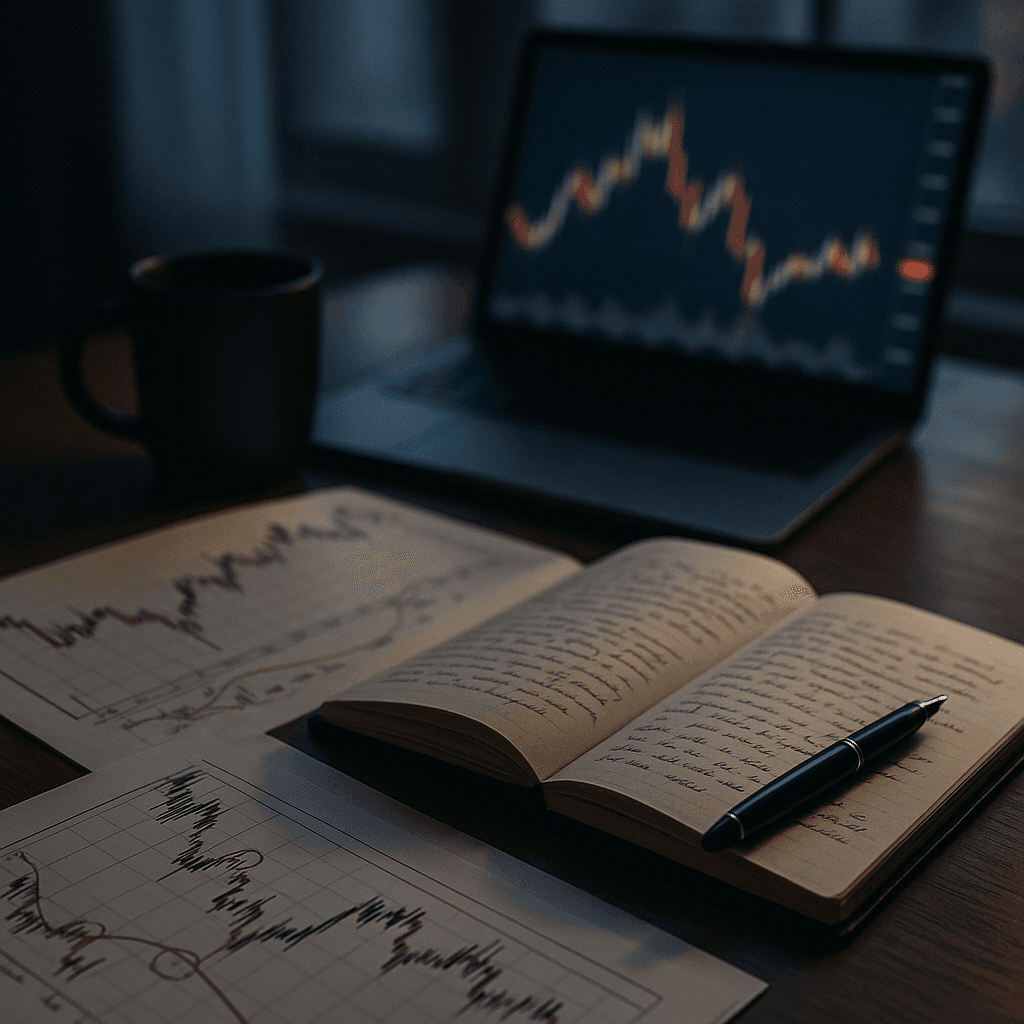 Desk with annotated charts and an open trading journal beside a blurred chart on a laptop.