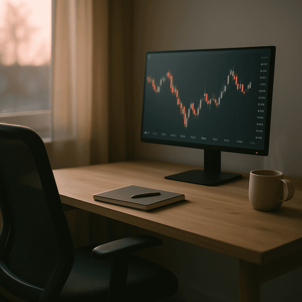 Minimal trading desk at dawn with single monitor, notebook, and mug