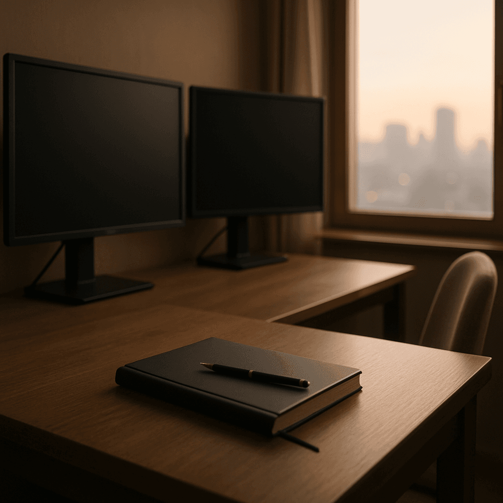 Quiet trading desk with monitors off and morning light.