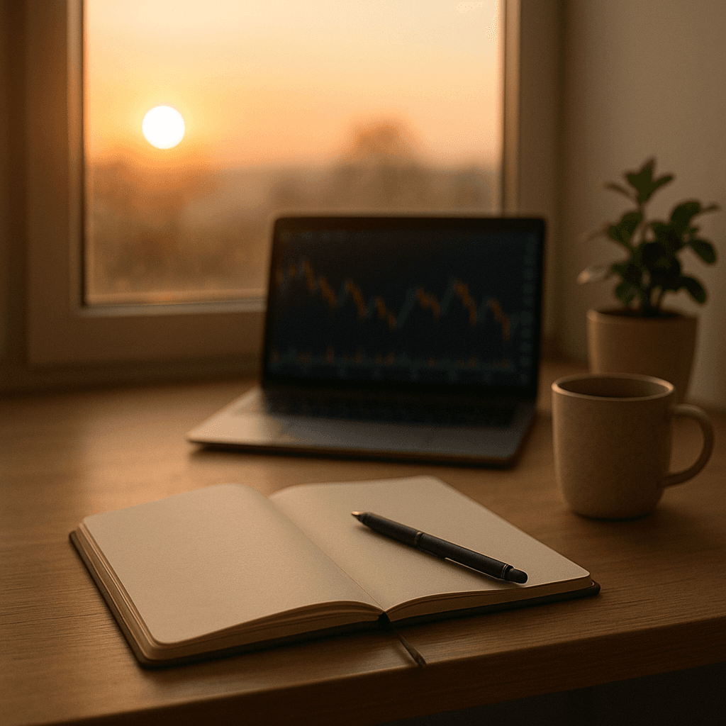 Sunlit desk with an open journal, pen, and blurred trading charts on a laptop.