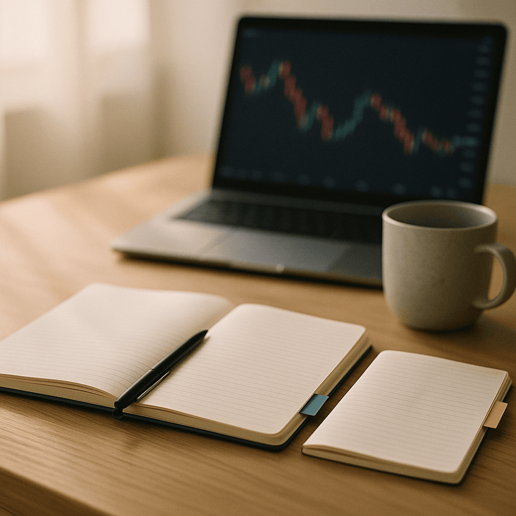 Two open notebooks beside a laptop with a blurred price chart on a bright desk.