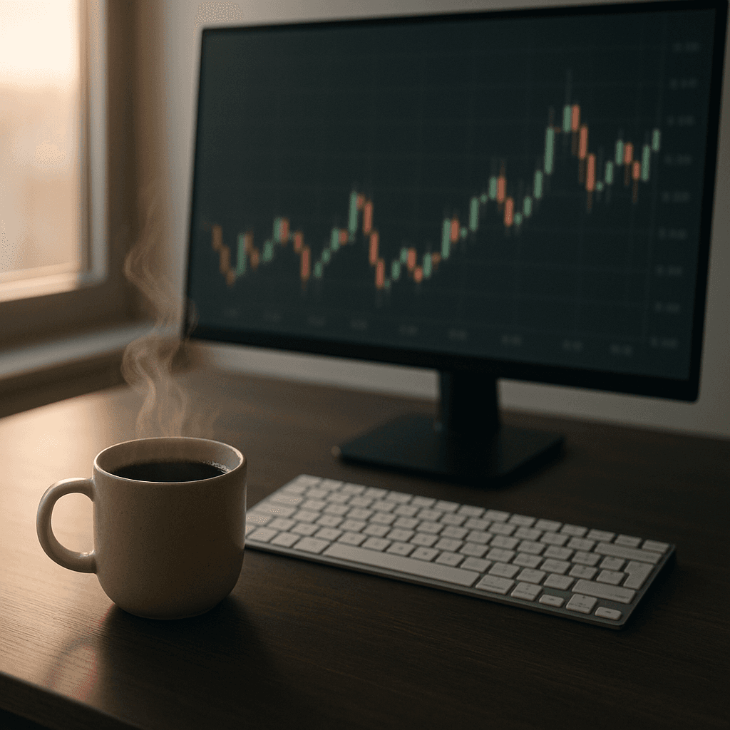 Top-down photo of a trading desk with a mug of coffee and blurred charts on a monitor.