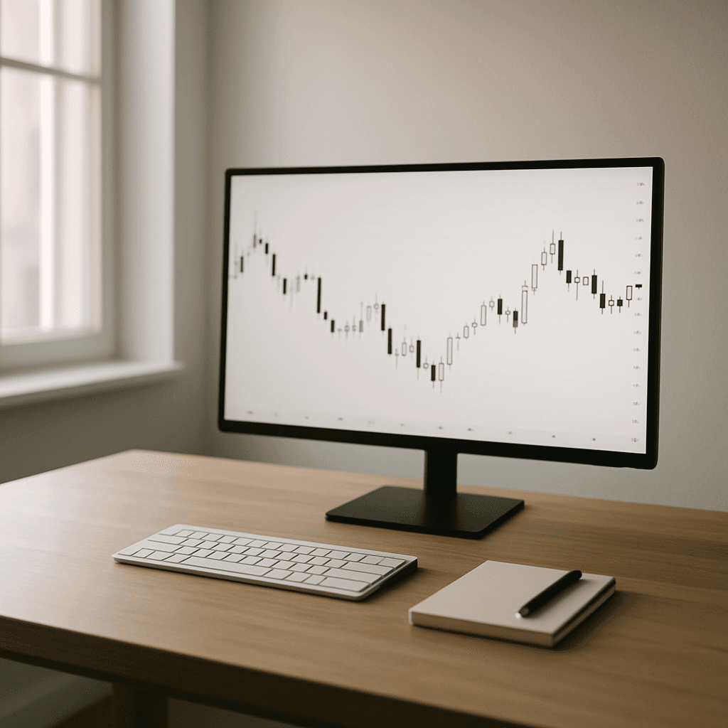 Single monitor showing one chart on a clean desk with a notebook and pen.