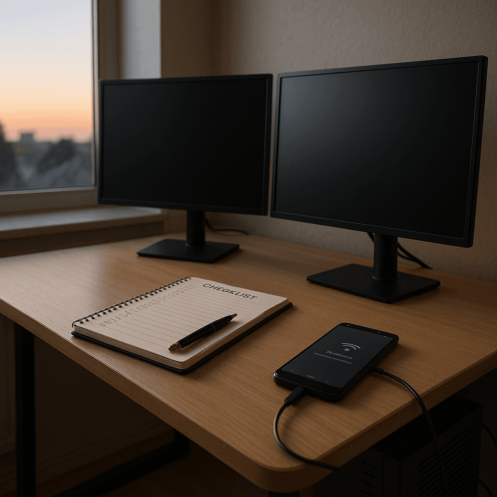 Home trading desk with dark monitors, printed checklist, phone hotspot, and UPS backup.