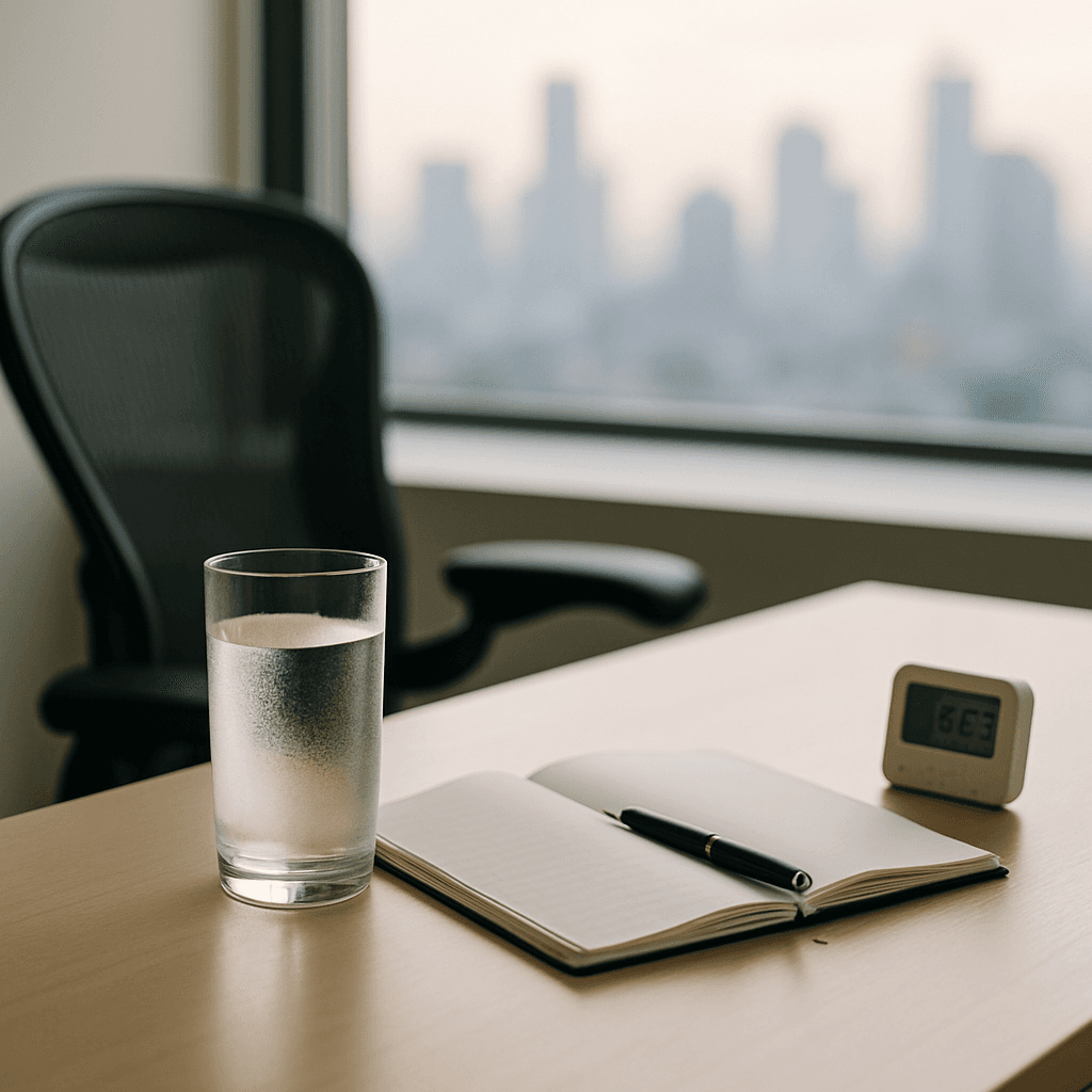 Glass of water on a trader’s desk beside a notebook in morning light, a moment to reset.
