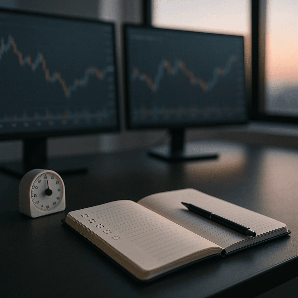 Trading desk with screens, a timer, and an open checklist notebook in morning light.