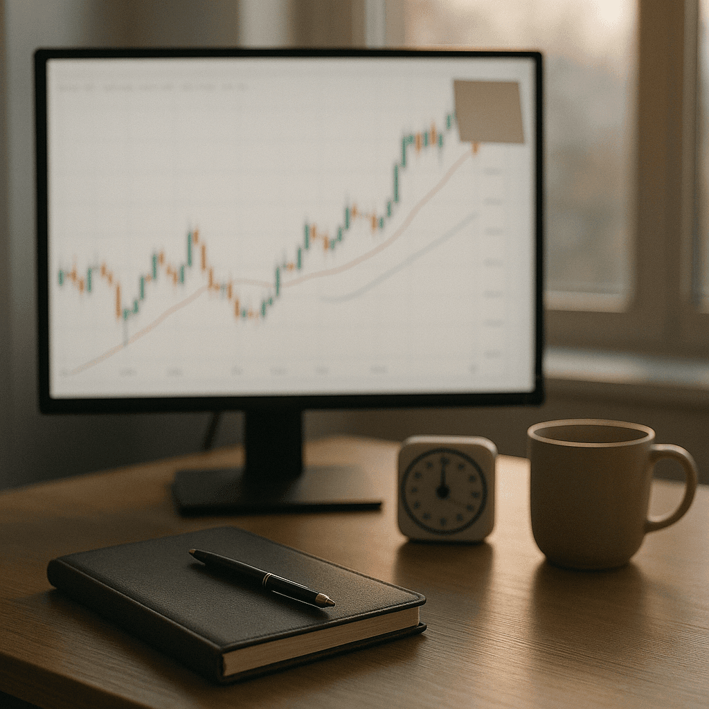Minimalist trading desk with a closed journal and a blurred chart on the screen.