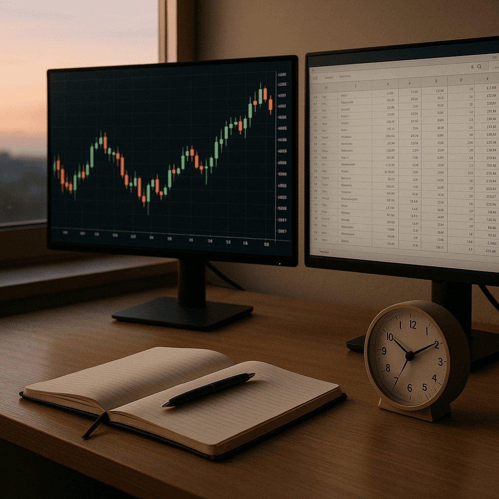 Trading desk with charts and a notebook in morning light.