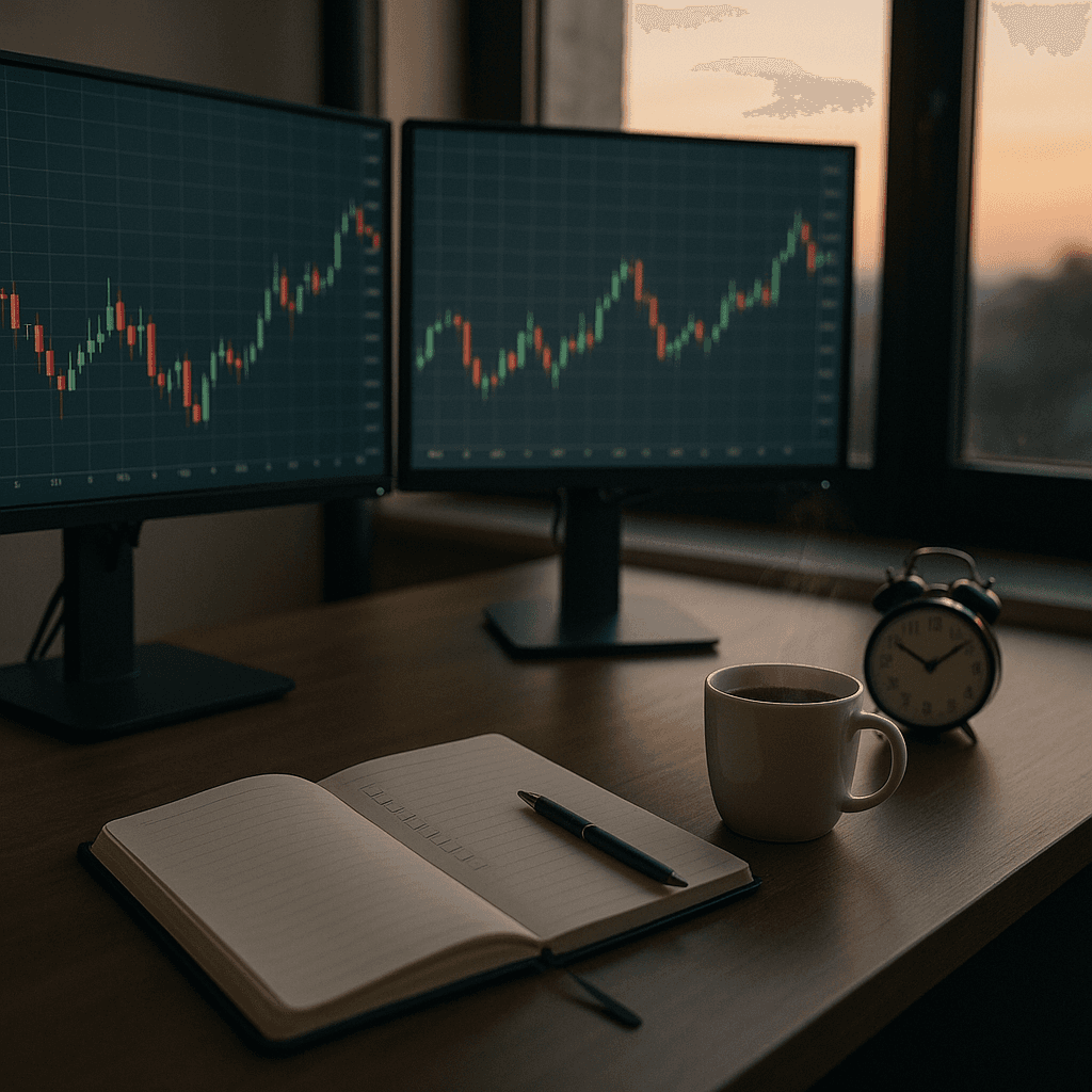 Early morning trading desk with charts, notebook, and coffee for pre-market preparation.