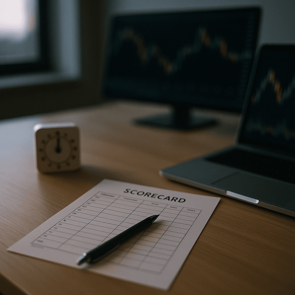 Trading desk with a paper scorecard, pen, and analog timer in soft morning light