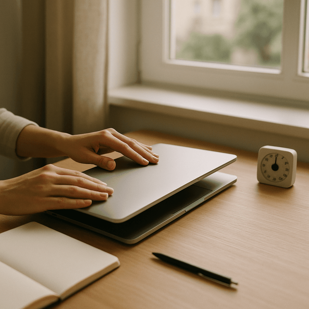 Hands closing a laptop beside a trading journal and timer on a clean desk in morning light