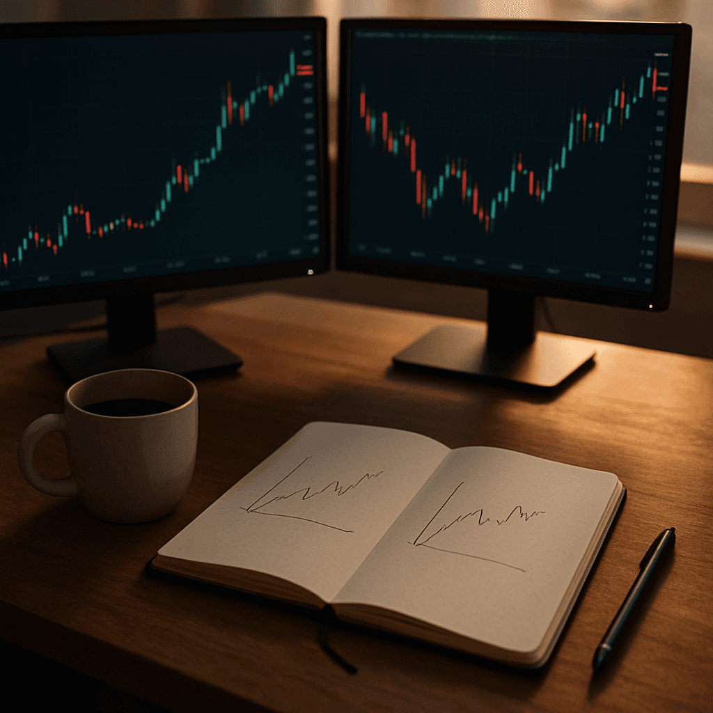 Overhead view of a trading desk with charts on screens and an open notebook for a weekly review.