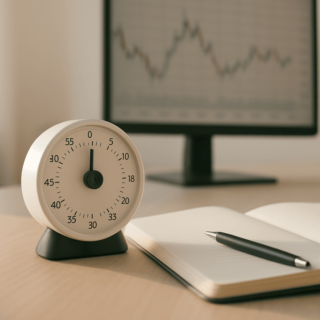 Analog timer and trading journal on a clean desk in soft light.