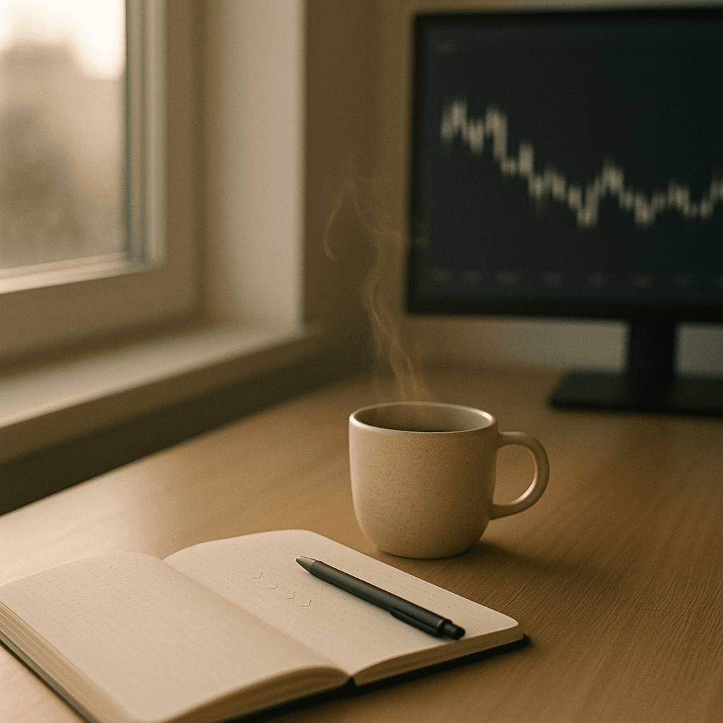 Journal, pen, and coffee on a trader’s desk in morning light.