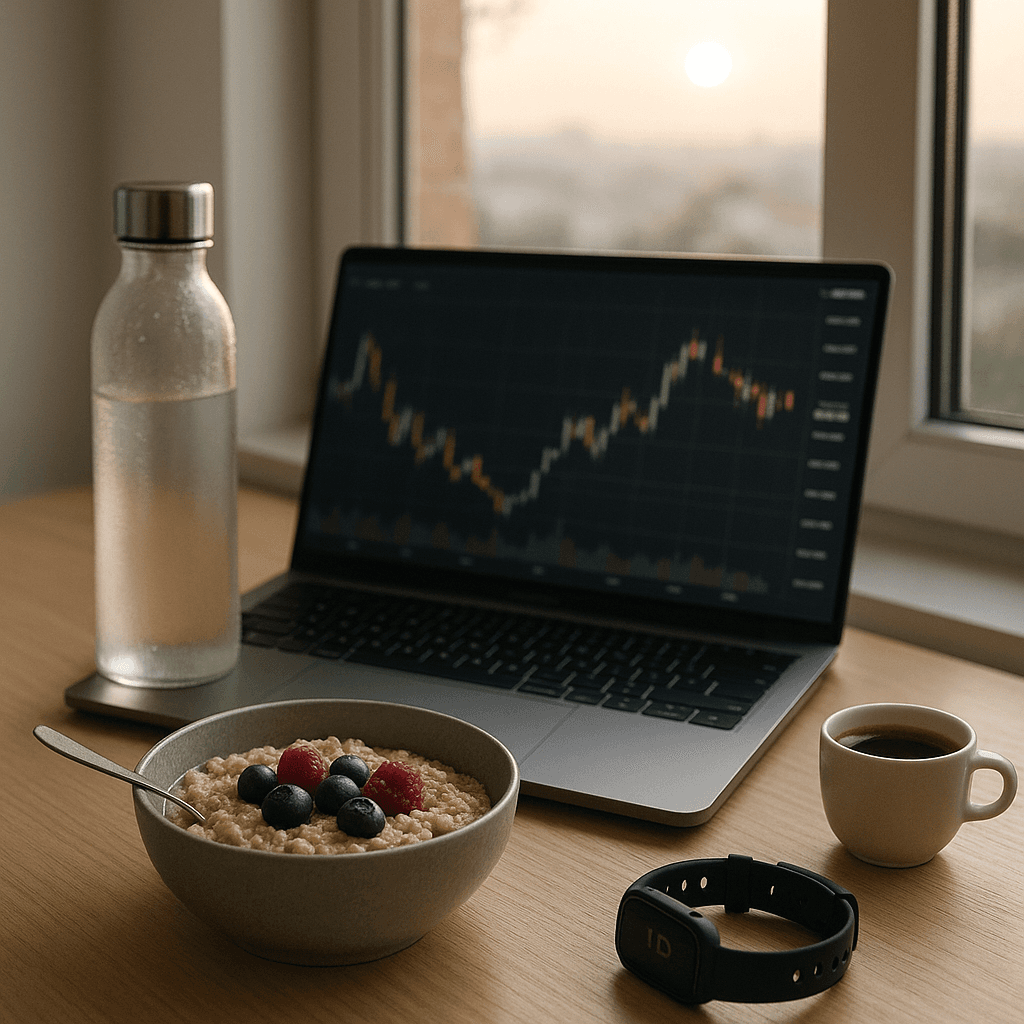 Morning trading desk with water, oatmeal, coffee, and a sleep tracker by a sunlit window.