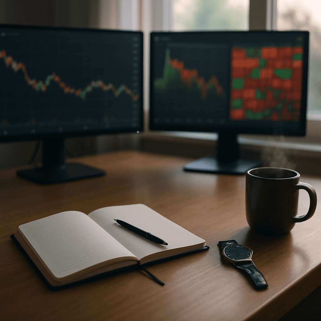 Morning trading desk with charts, notebook, pen, watch, and coffee in soft natural light.