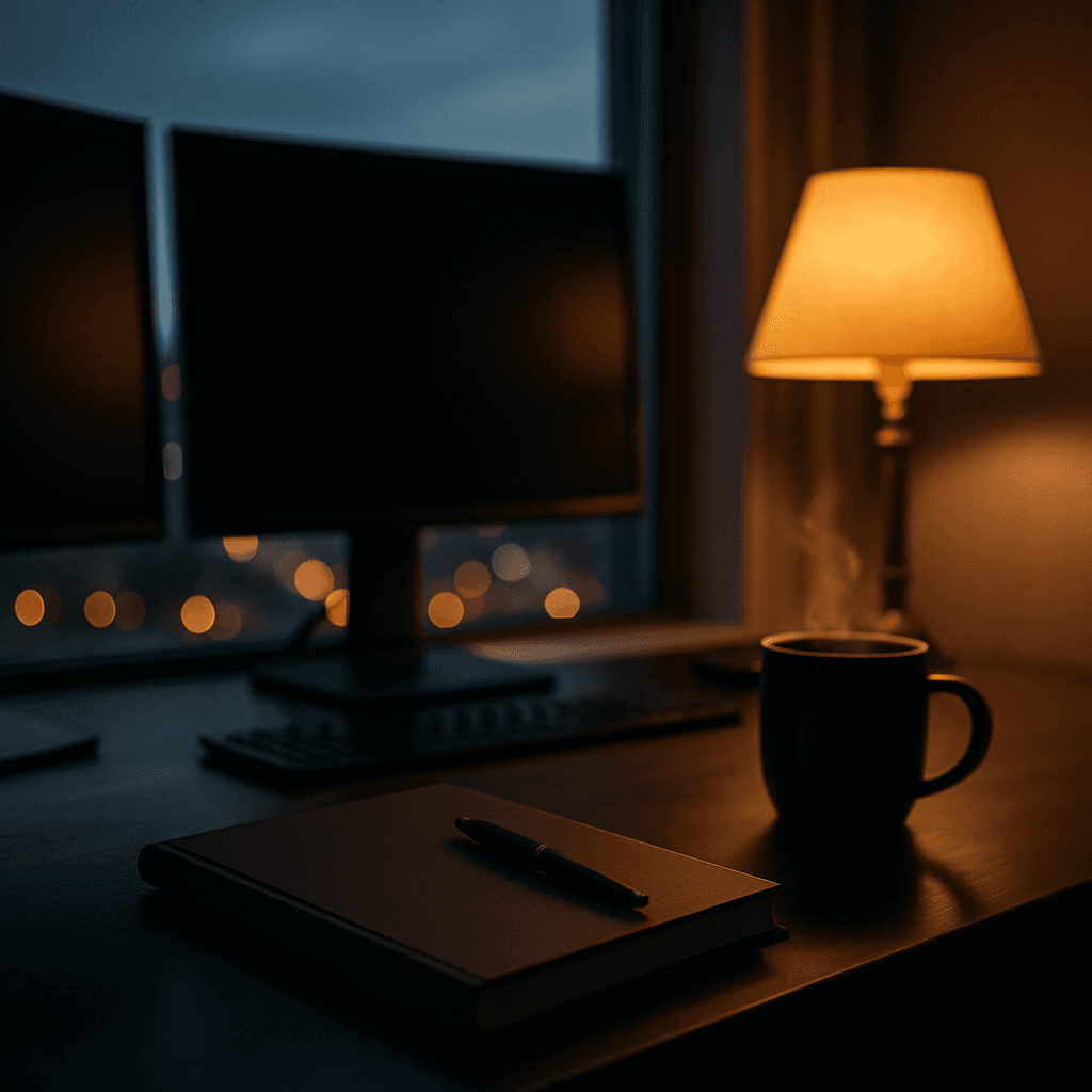 Dusk-lit trading desk with monitors off, closed notebook, and a steaming mug.