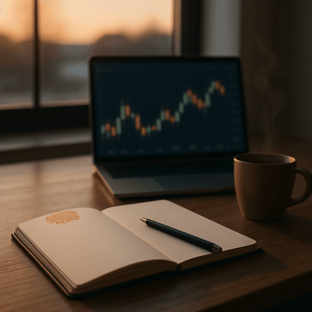 Open notebook, pen, coffee, and trading screens on a quiet desk.