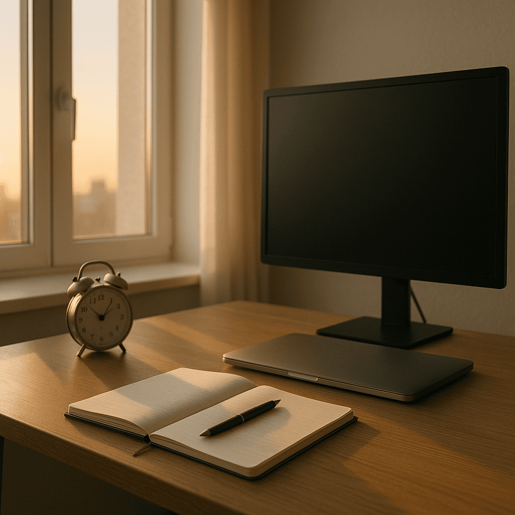 Minimal trading desk with notebook, pen, analog clock, and soft morning light.