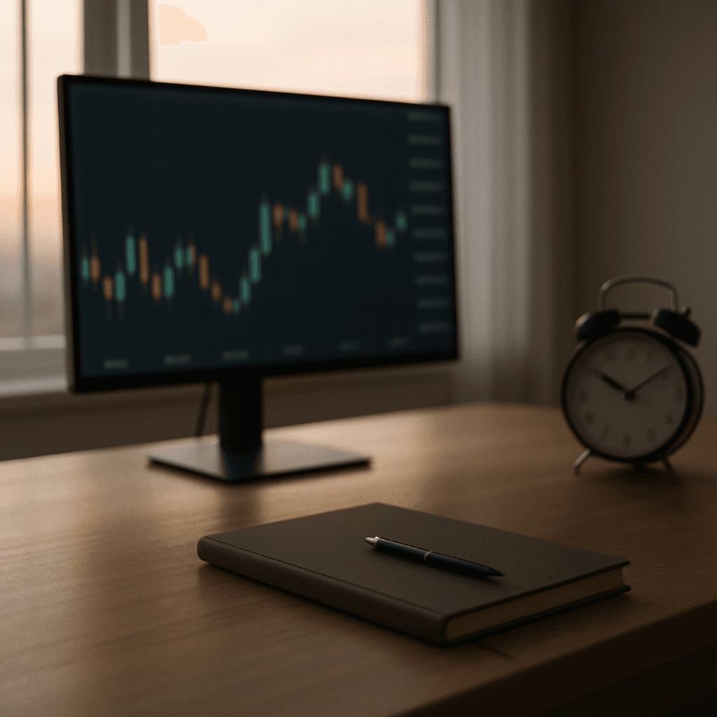 Quiet trading desk at dawn with chart on screen and analog clock, no people.