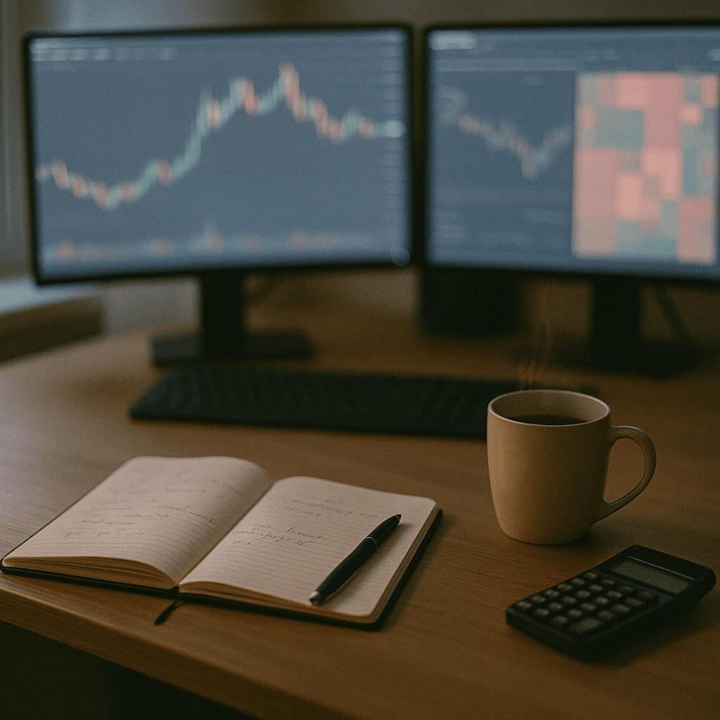 Tidy trading desk with notebook, calculator, coffee, and blurred charts on monitors.