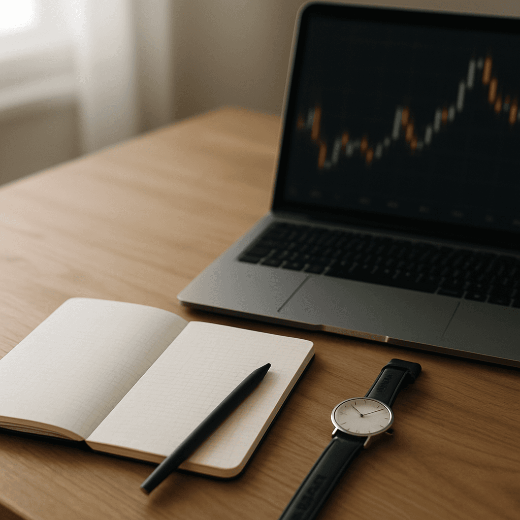 Morning light on a trader’s desk with notebook, pen, watch, and a blurred chart on a laptop.