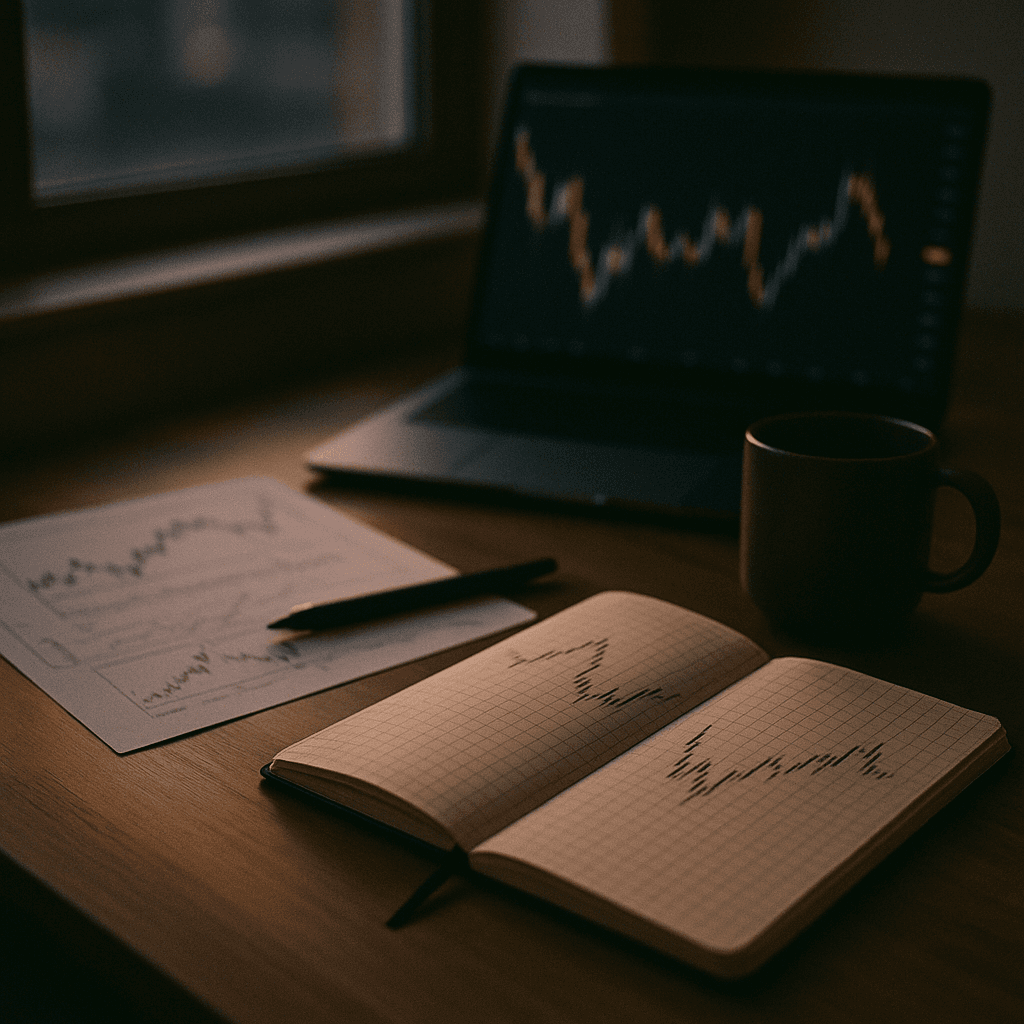 Minimalist trading desk with notebook, pen, and printed charts for weekly review