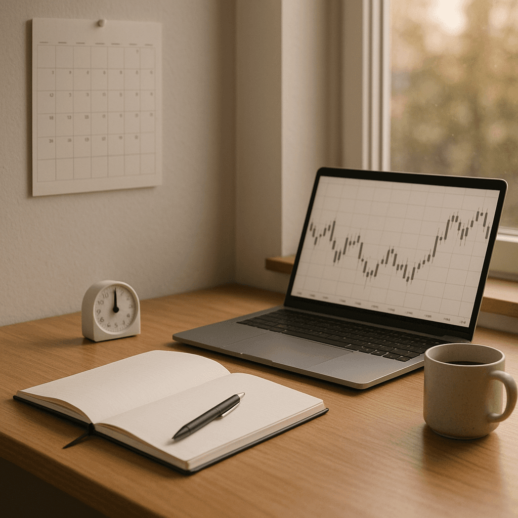 Morning trading desk with notebook, analog timer, calendar, and laptop in soft natural light.