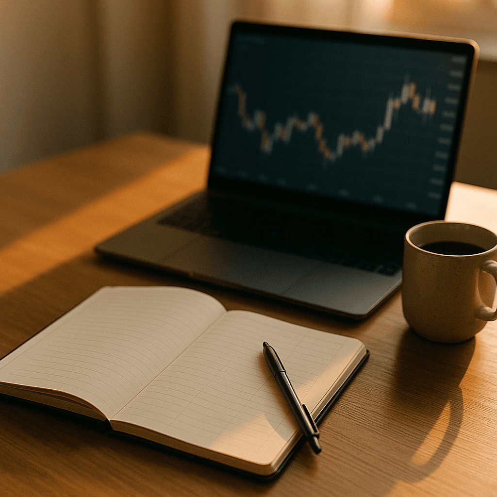 Overhead view of a trader’s desk with open journal, pen, and blurred charts on a laptop.