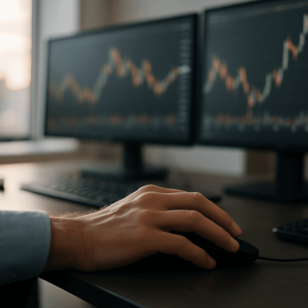 Close-up hand on mouse at a trading desk with charts on monitors.