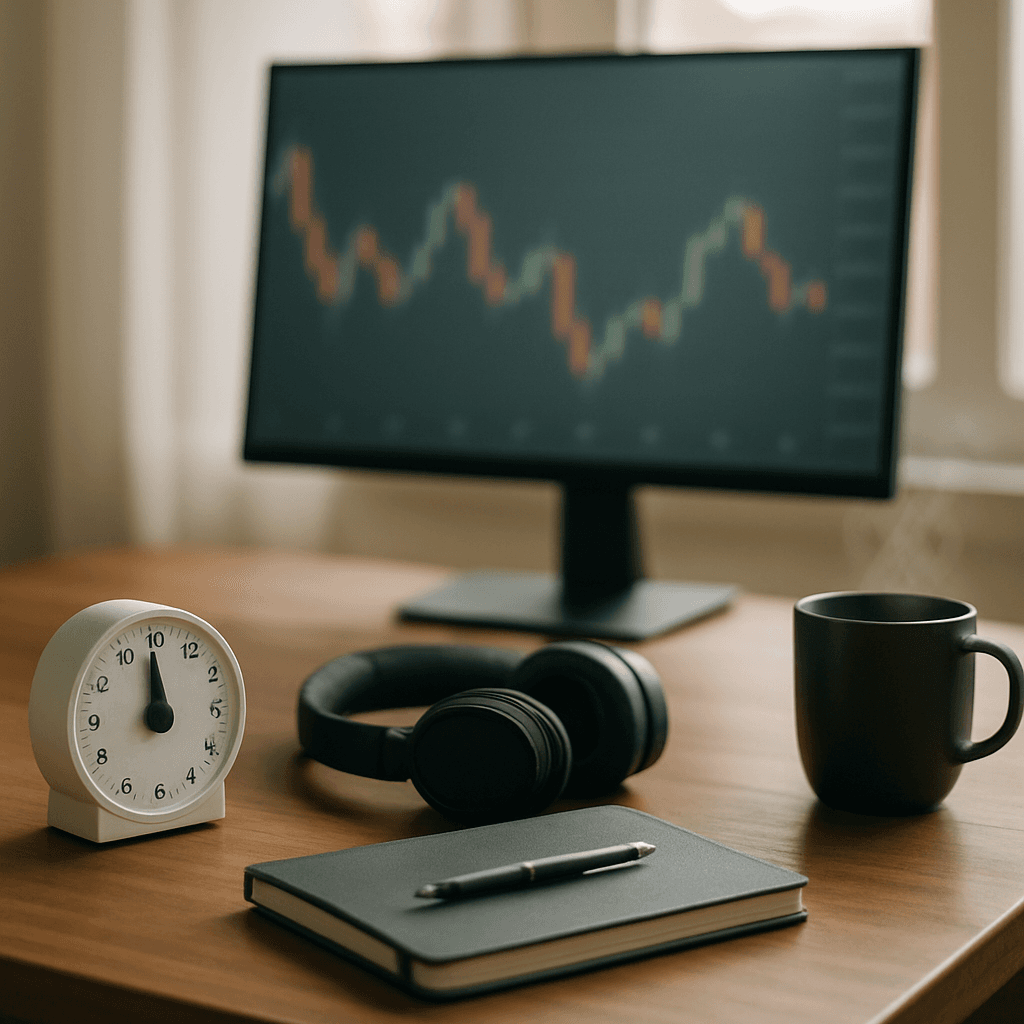 Calm trading desk with timer, headphones, mug, and a blurred chart on screen.