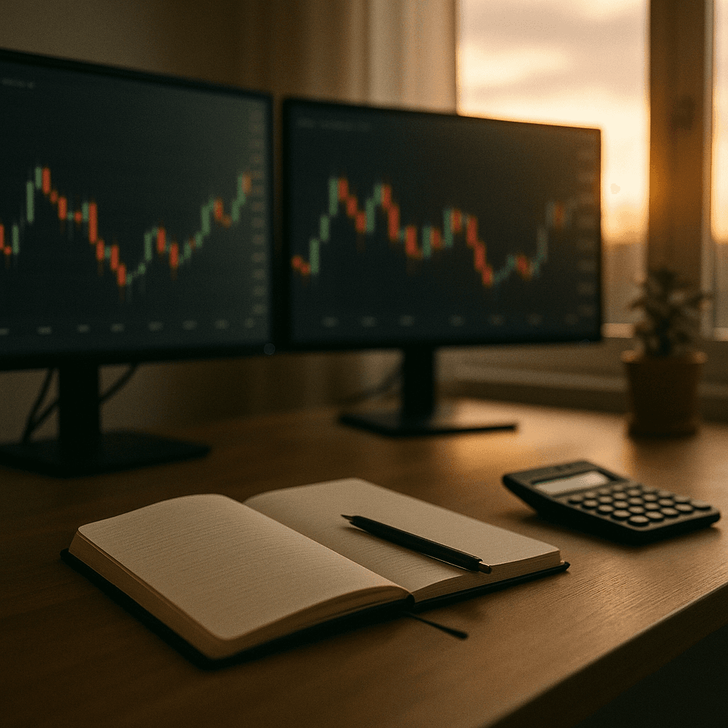 Sunlit trading desk with blurred charts, notebook, calculator, and plant; no people.