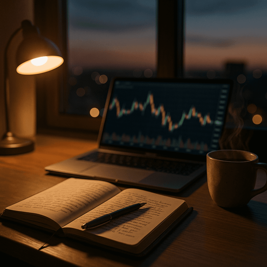 Evening desk with trading journal, pen, and laptop showing charts at dusk.