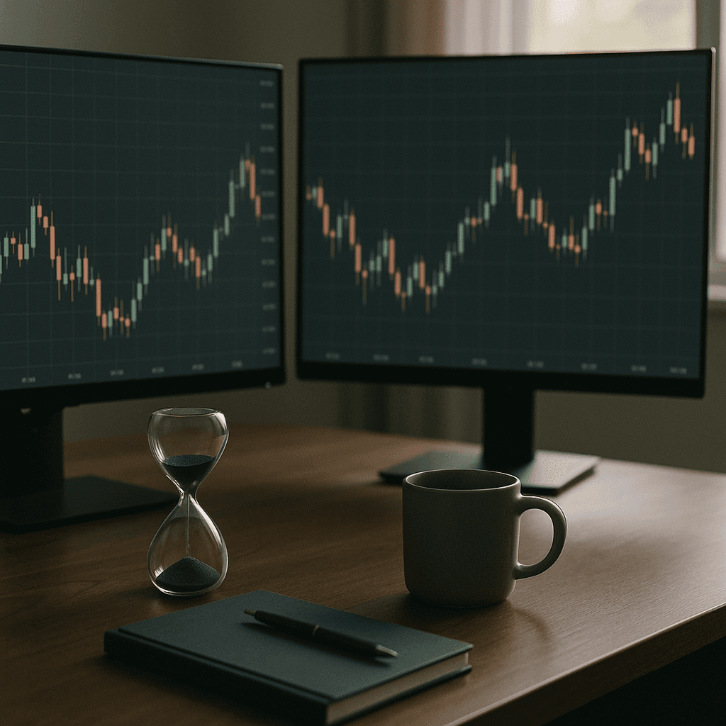 Minimalist trading desk with idle charts and an hourglass in soft morning light
