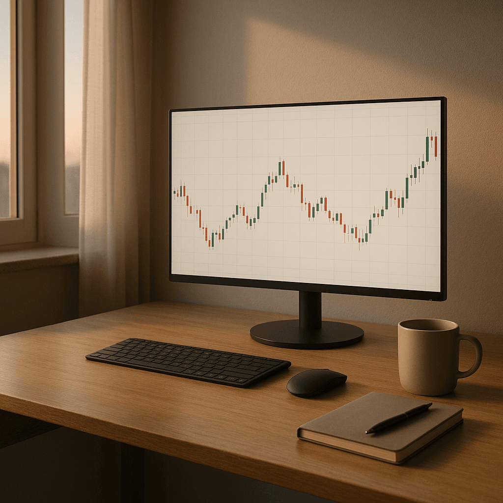 Minimalist trading desk with one monitor and a clean chart in soft morning light.