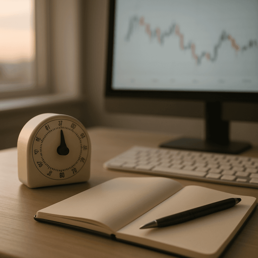 Minimalist trading desk with analog timer, journal, and monitor in soft morning light