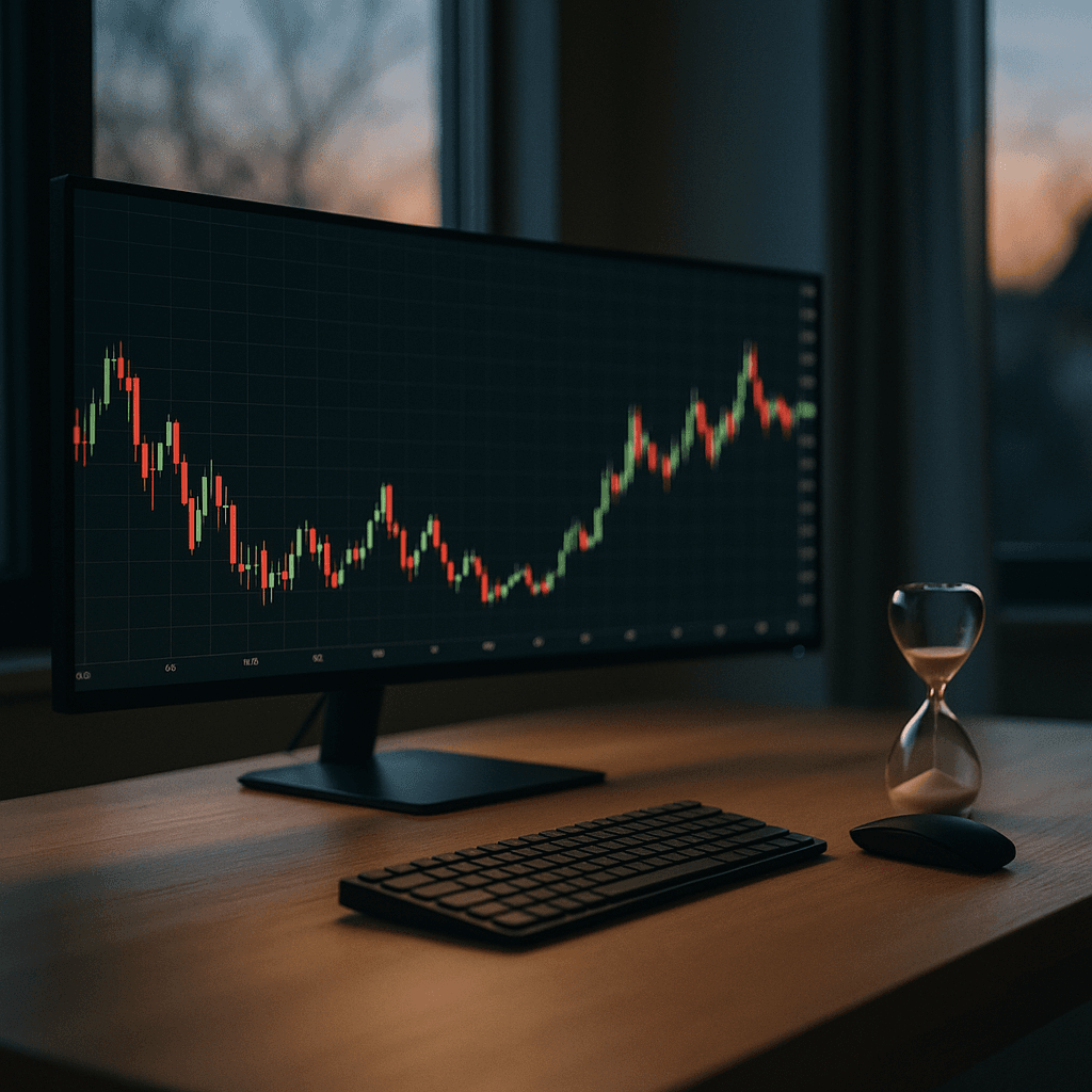 Dawn-lit trading desk with chart on screen and an hourglass beside the keyboard.