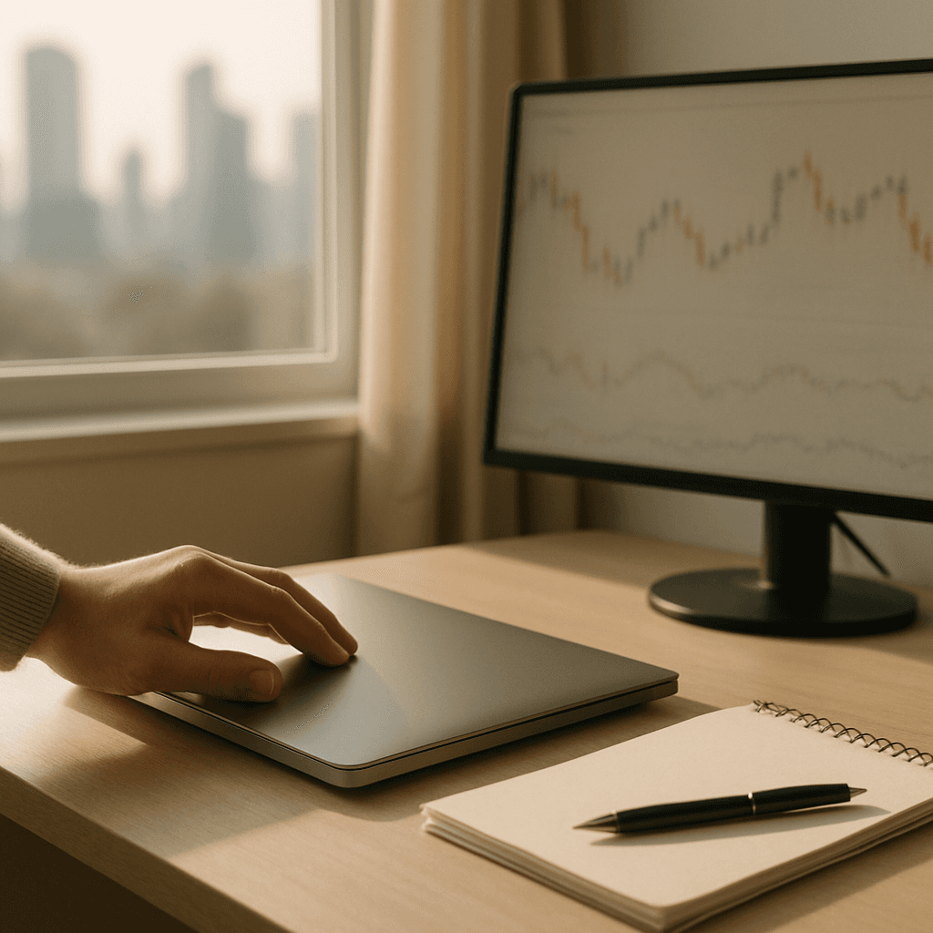 Hand closing a laptop at a trading desk to lock in a profitable day.