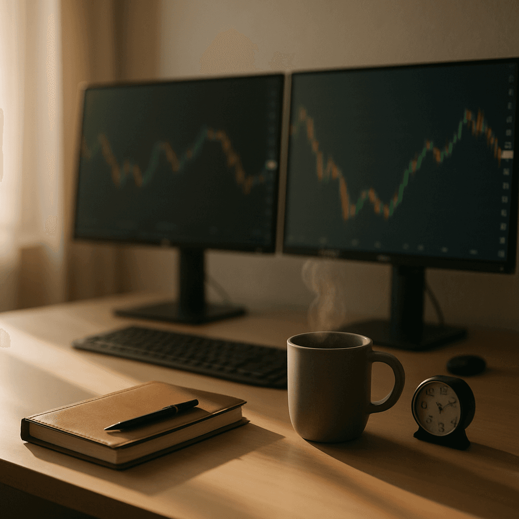 Calm trading desk at dawn with closed journal, timer, and muted charts, signaling restraint after a big win.