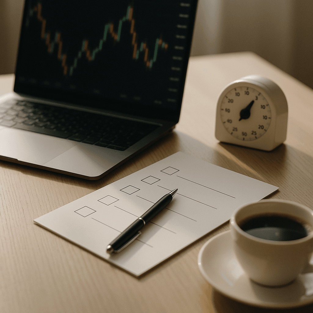 Trader’s desk with laptop charts, blank checklist, pen, timer, and coffee in morning light
