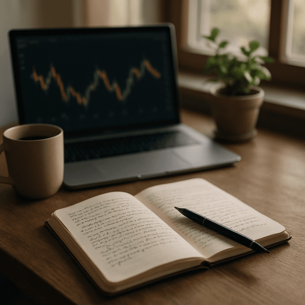 Open trading journal beside a laptop with charts in soft morning light.