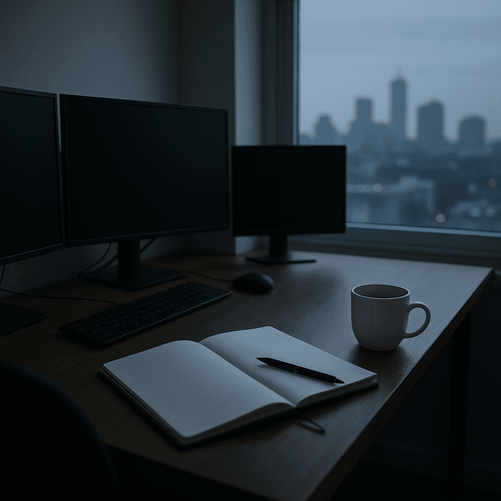 Quiet trading desk at dawn with blank notebook, monitors off, and a cold coffee cup.