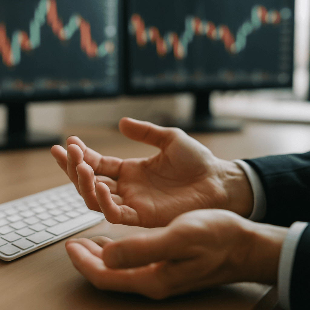 Close-up of relaxed hands on a trading desk with blurred charts in soft morning light.