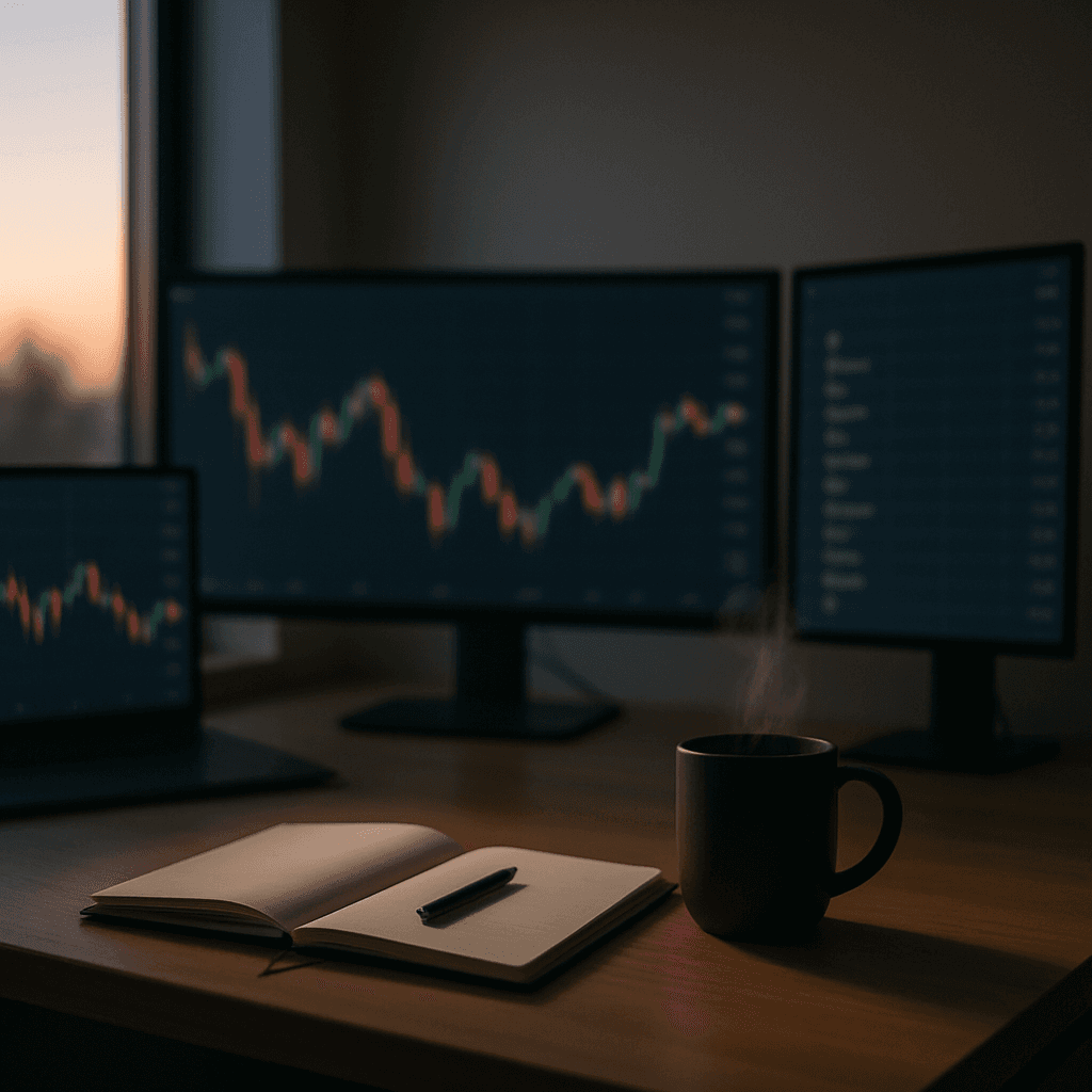 Dawn-lit trading desk with chart screens and an open notebook